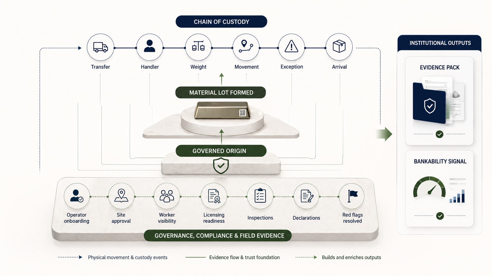 Governance, compliance, and field evidence forming governed origin beneath the chain of custody, feeding institutional outputs