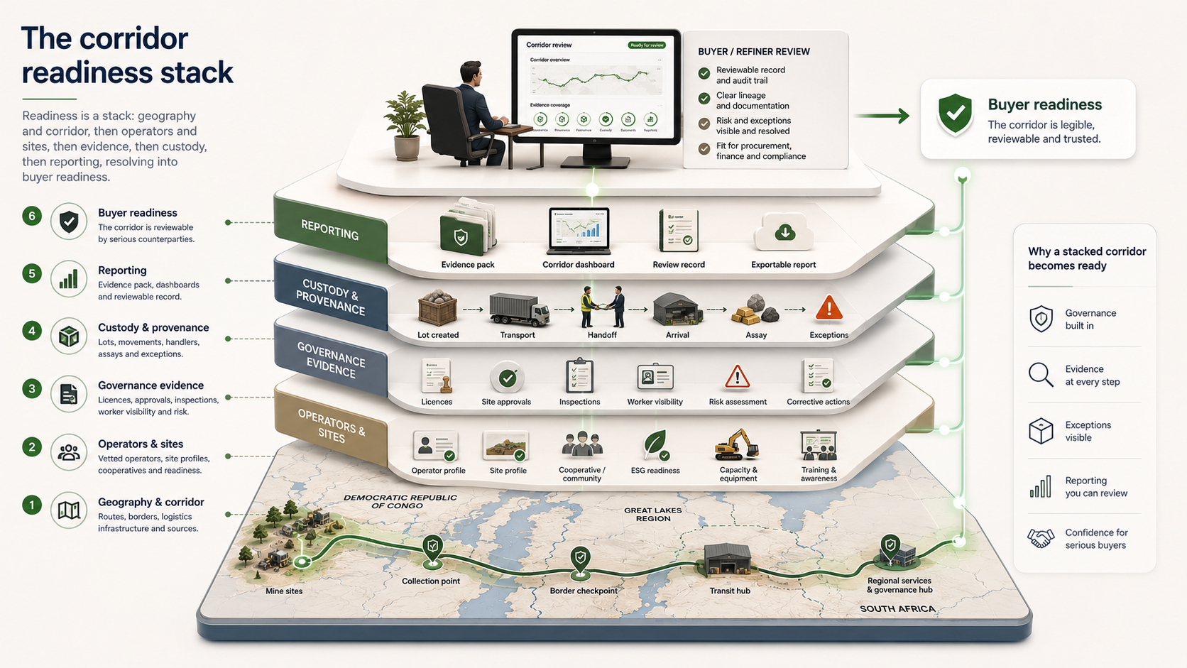 The corridor readiness stack: geography and corridor, operators and sites, evidence, custody, and reporting resolving into buyer readiness