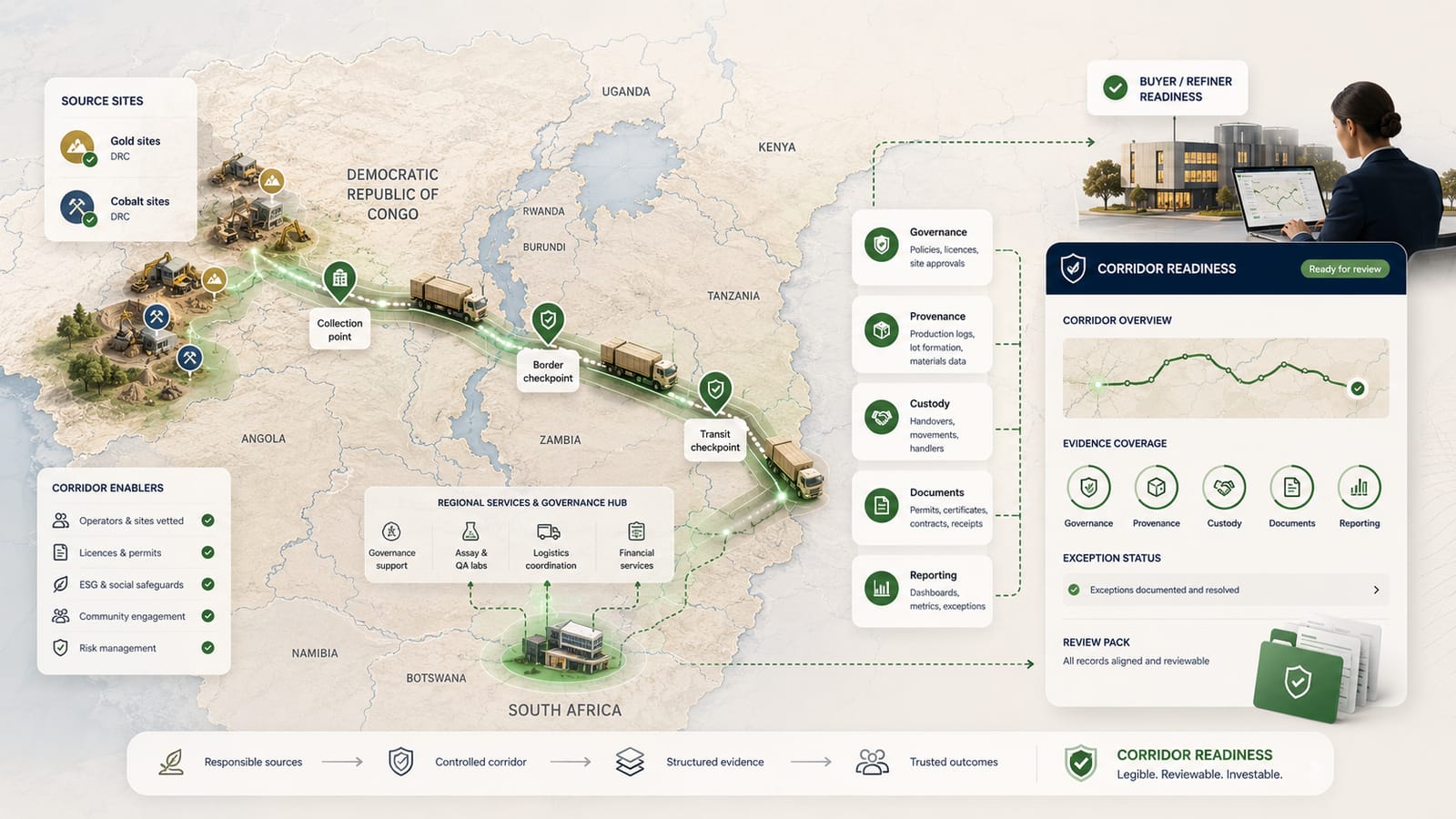Geography, operators, evidence, custody, and reporting assembling into corridor-level buyer readiness
