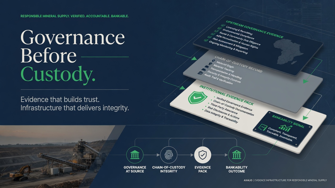 Governance evidence feeding the chain of custody, from governed origin to Evidence Pack and Bankability Signal