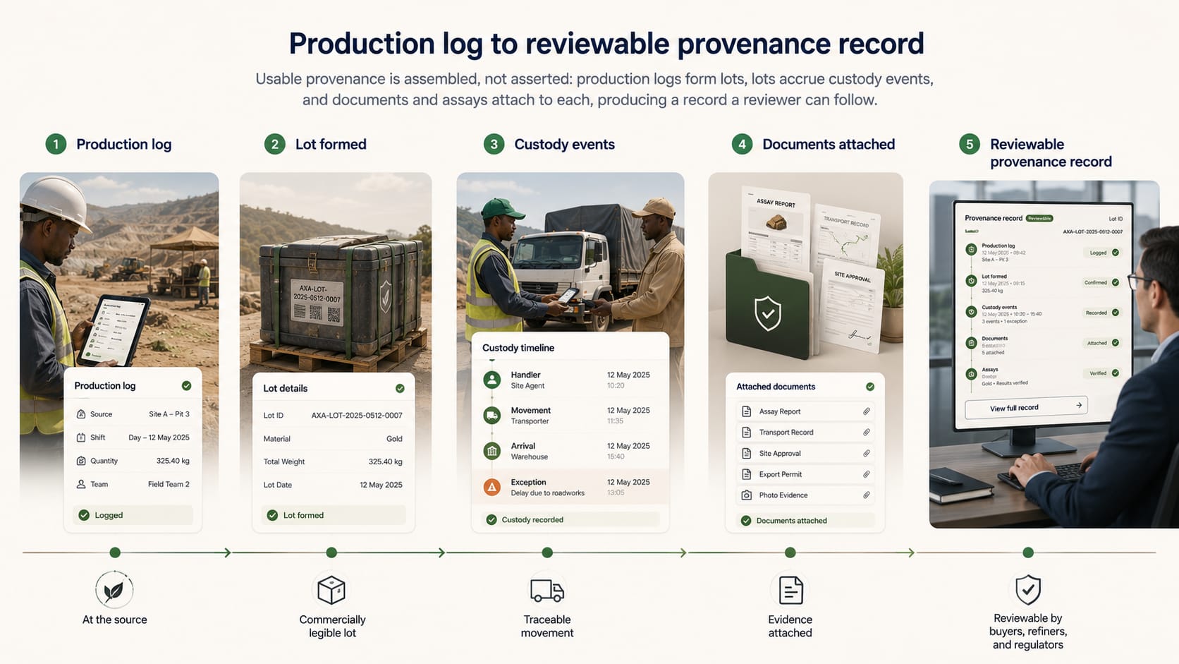Production logs forming lots, lots accruing custody events, and documents and assays attaching to each, producing a reviewable provenance record